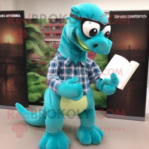 Turquoise Brachiosaurus mascot costume character dressed with a Flannel Shirt and Reading glasses