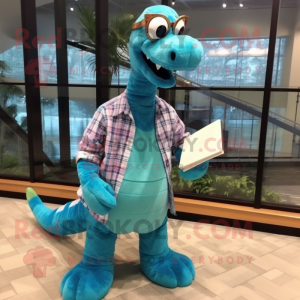 Turquoise Brachiosaurus mascot costume character dressed with a Flannel Shirt and Reading glasses