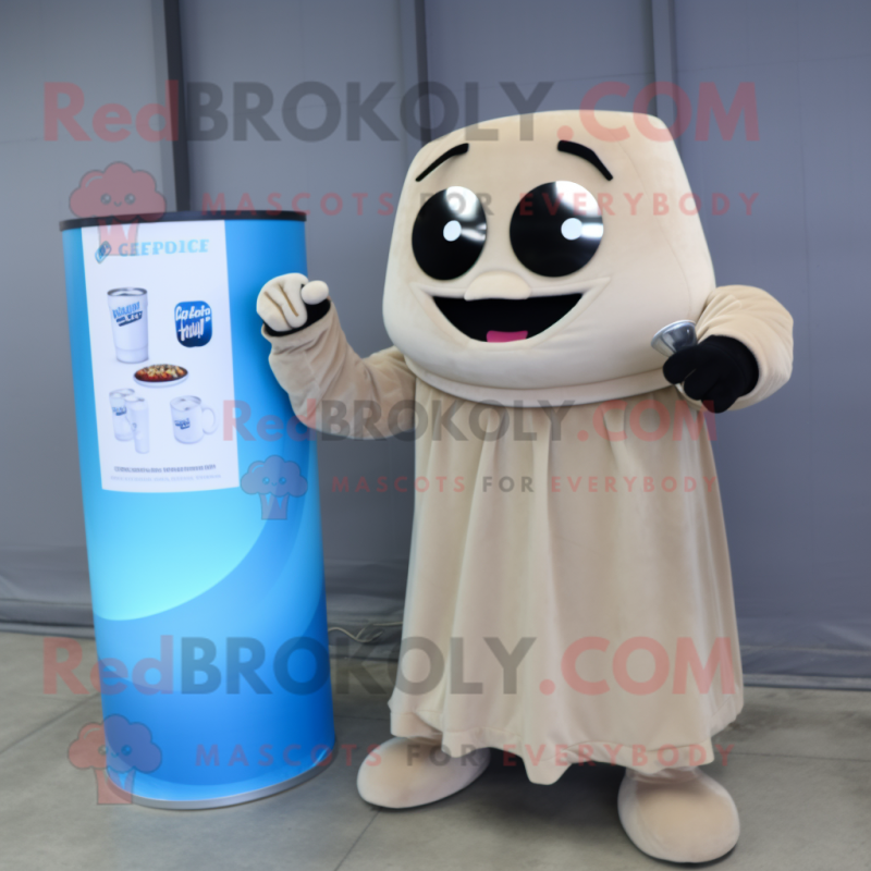 Beige Soda Can mascot costume character dressed with a Romper and Wallets Beige Soda Can mascot costume character dressed with a Romper and Wallets