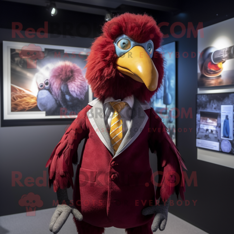 Maroon Dodo Bird mascot costume character dressed with a Suit Jacket and Scarves