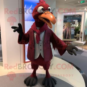 Maroon Dodo Bird mascot costume character dressed with a Suit Jacket and Scarves