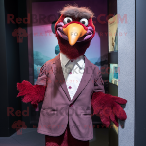 Maroon Dodo Bird mascot costume character dressed with a Suit Jacket and Scarves
