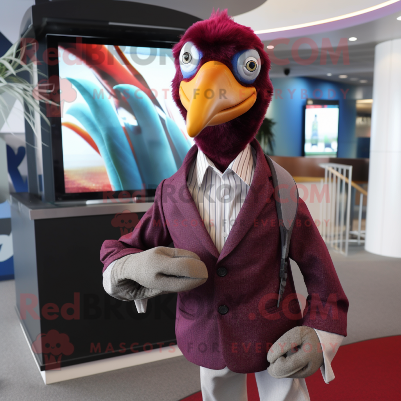 Maroon Dodo Bird mascot costume character dressed with a Suit Jacket and Scarves