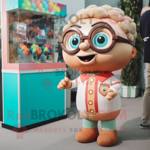 Tan Gumball Machine mascot costume character dressed with a Romper and Eyeglasses