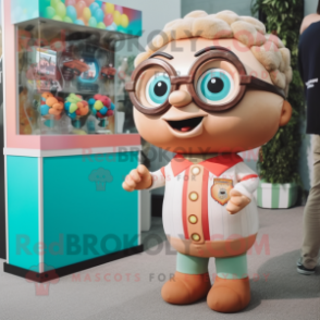 Tan Gumball Machine mascot costume character dressed with a Romper and Eyeglasses