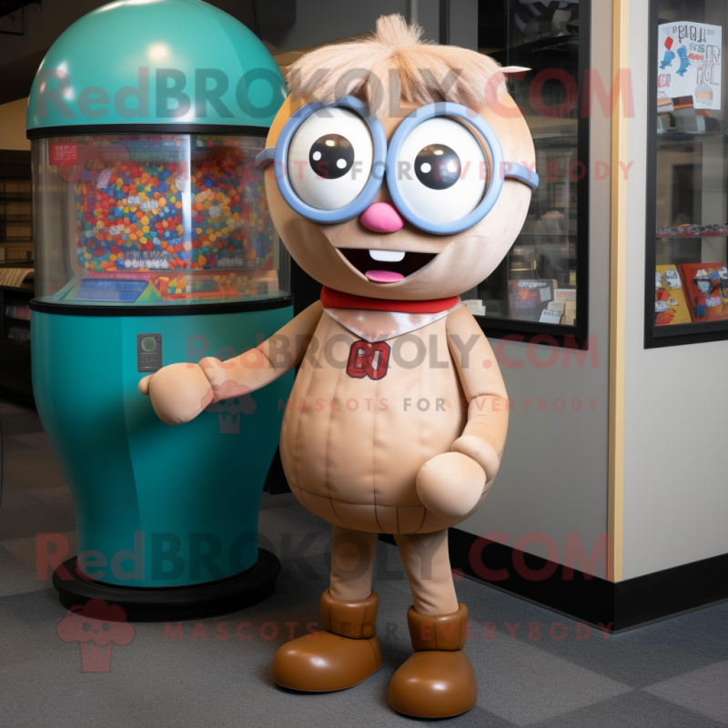 Tan Gumball Machine mascot costume character dressed with a Romper and Eyeglasses Tan Gumball Machine mascot costume character dressed with a Romper and Eyeglasses