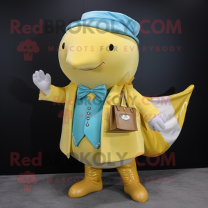 Gold Whale mascot costume character dressed with a Dress and Wallets