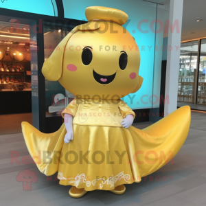 Gold Whale mascot costume character dressed with a Dress and Wallets