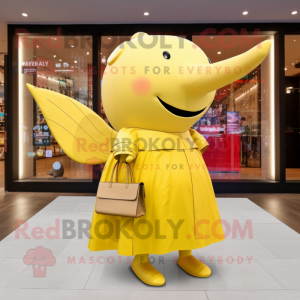 Gold Whale mascot costume character dressed with a Dress and Wallets