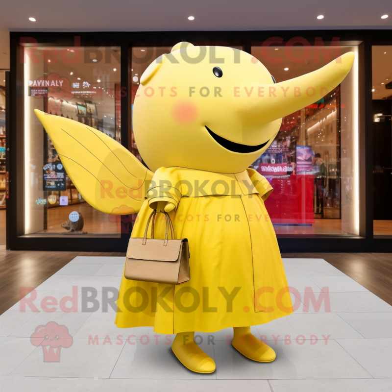 Gold Whale mascot costume character dressed with a Dress and Wallets Gold Whale mascot costume character dressed with a Dress and Wallets