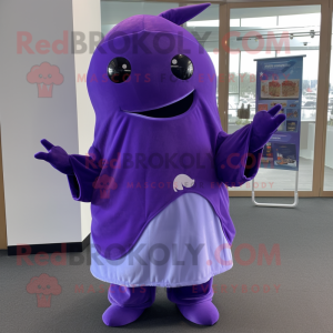 Purple Narwhal mascot costume character dressed with a Trousers and Wraps