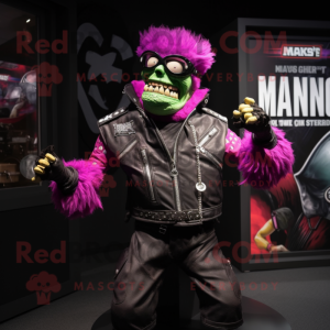 Magenta Frankenstein'S Monster mascot costume character dressed with a Moto Jacket and Wraps