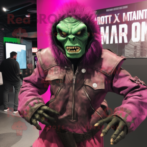 Magenta Frankenstein'S Monster mascot costume character dressed with a Moto Jacket and Wraps