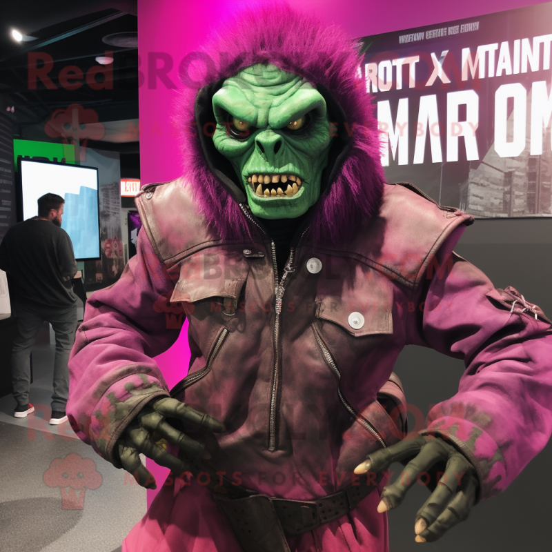 Magenta Frankenstein'S Monster mascot costume character dressed with a Moto Jacket and Wraps