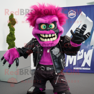 Magenta Frankenstein'S Monster mascot costume character dressed with a Moto Jacket and Wraps