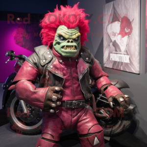 Magenta Frankenstein'S Monster mascot costume character dressed with a Moto Jacket and Wraps