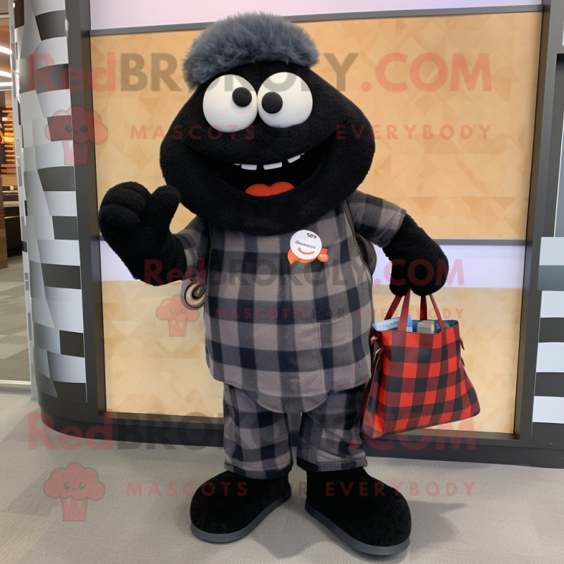 Black Squash mascot costume character dressed with a Flannel Shirt and Wallets Black Squash mascot costume character dressed with a Flannel Shirt and Wallets