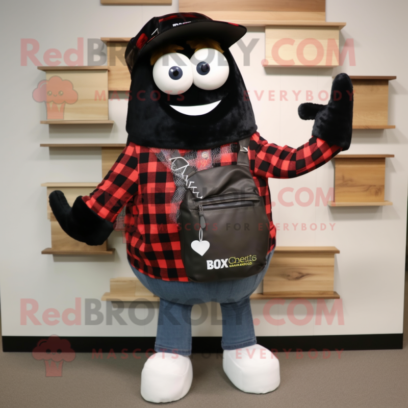 Black Squash mascot costume character dressed with a Flannel Shirt and Wallets Black Squash mascot costume character dressed with a Flannel Shirt and Wallets