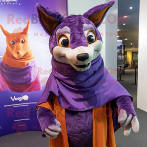 Purple Dingo mascot costume character dressed with a T-Shirt and Shawls