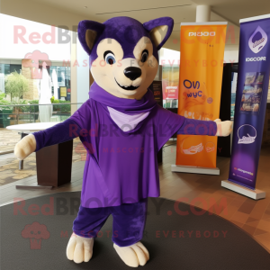 Purple Dingo mascot costume character dressed with a T-Shirt and Shawls