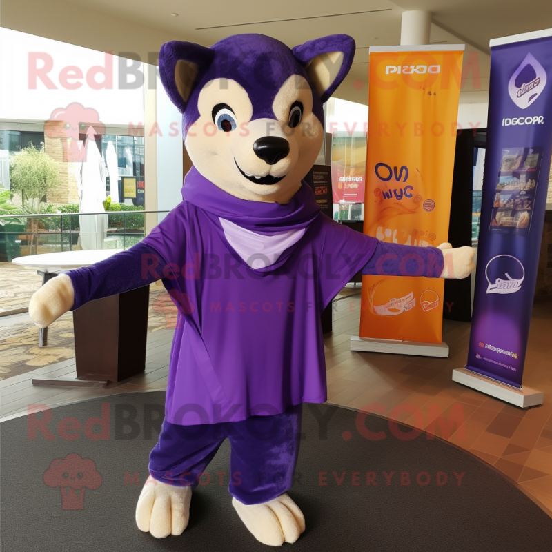 Purple Dingo mascot costume character dressed with a T-Shirt and Shawls