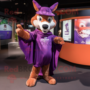 Purple Dingo mascot costume character dressed with a T-Shirt and Shawls