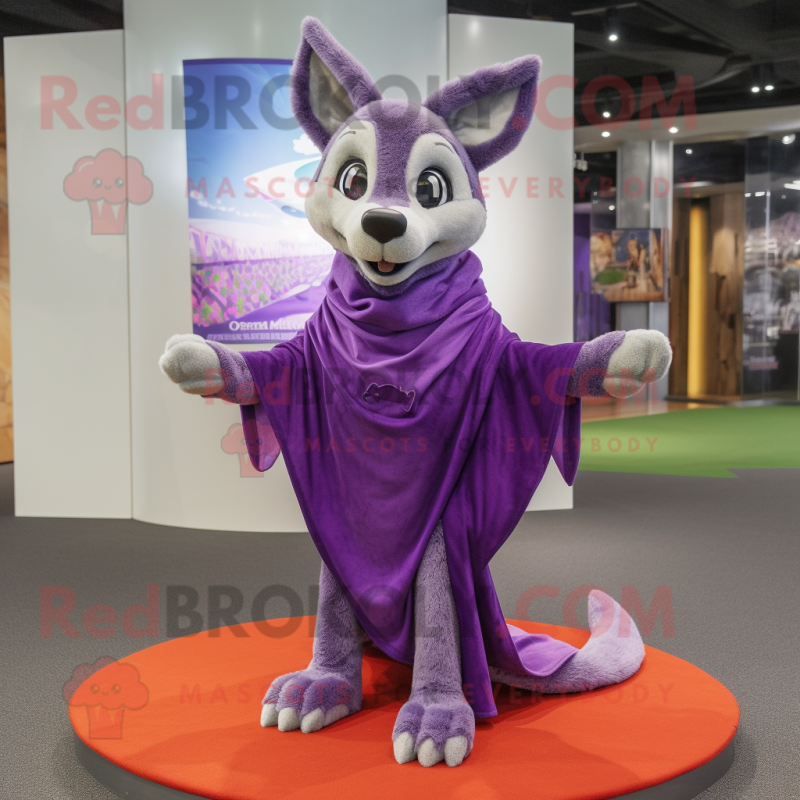 Purple Dingo mascot costume character dressed with a T-Shirt and Shawls
