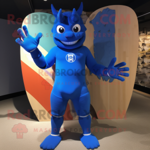 Blue Devil mascot costume character dressed with a Board Shorts and Mittens