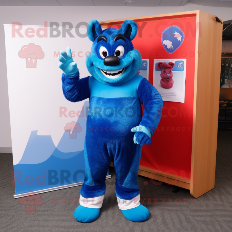 Blue Devil mascot costume character dressed with a Board Shorts and Mittens Blue Devil mascot costume character dressed with a Board Shorts and Mittens