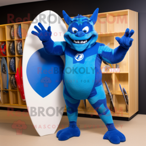 Blue Devil mascot costume character dressed with a Board Shorts and Mittens