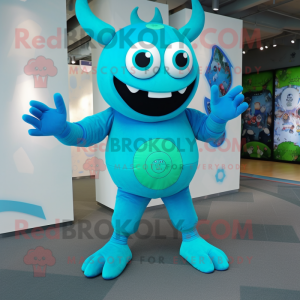 Cyan Devil mascot costume character dressed with a Turtleneck and Rings