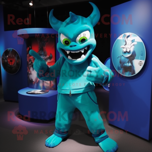 Cyan Devil mascot costume character dressed with a Turtleneck and Rings