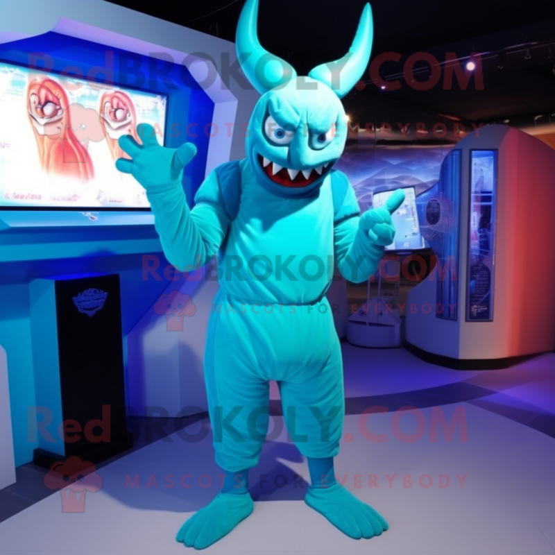 Cyan Devil mascot costume character dressed with a Turtleneck and Rings