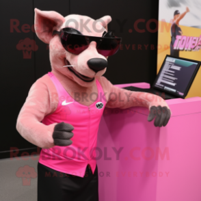 Pink Thylacosmilus mascot costume character dressed with a Tank Top and Sunglasses