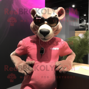 Pink Thylacosmilus mascot costume character dressed with a Tank Top and Sunglasses