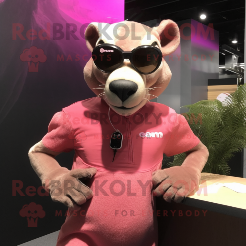 Pink Thylacosmilus mascot costume character dressed with a Tank Top and Sunglasses Pink Thylacosmilus mascot costume character dressed with a Tank Top and Sunglasses