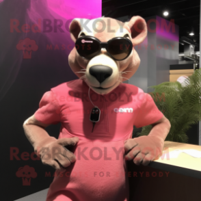 Pink Thylacosmilus mascot costume character dressed with a Tank Top and Sunglasses