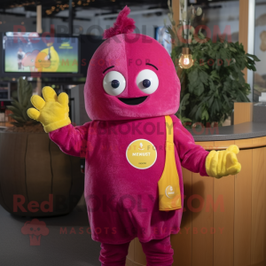 Magenta Lemon mascot costume character dressed with a Henley Shirt and Mittens