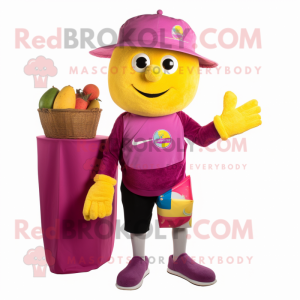 Magenta Lemon mascot costume character dressed with a Henley Shirt and Mittens