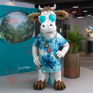 Cyan Hereford Cow mascot costume character dressed with a Bikini and Necklaces