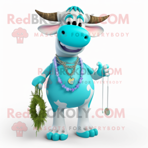 Cyan Hereford Cow mascot costume character dressed with a Bikini and Necklaces