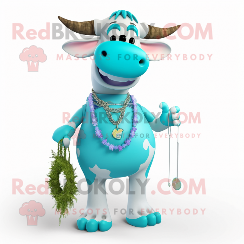Cyan Hereford Cow mascot costume character dressed with a Bikini and Necklaces Cyan Hereford Cow mascot costume character dressed with a Bikini and Necklaces