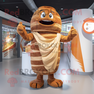 Brown Croissant mascot costume character dressed with a Playsuit and Shawl pins