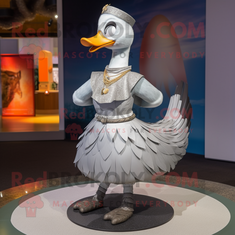 Gray Goose mascot costume character dressed with a A-Line Skirt and Necklaces Gray Goose mascot costume character dressed with a A-Line Skirt and Necklaces