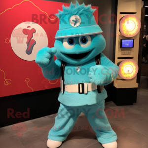 Turquoise Fire Fighter mascot costume character dressed with a Cardigan and Bracelet watches