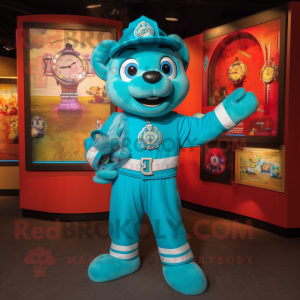 Turquoise Fire Fighter mascot costume character dressed with a Cardigan and Bracelet watches