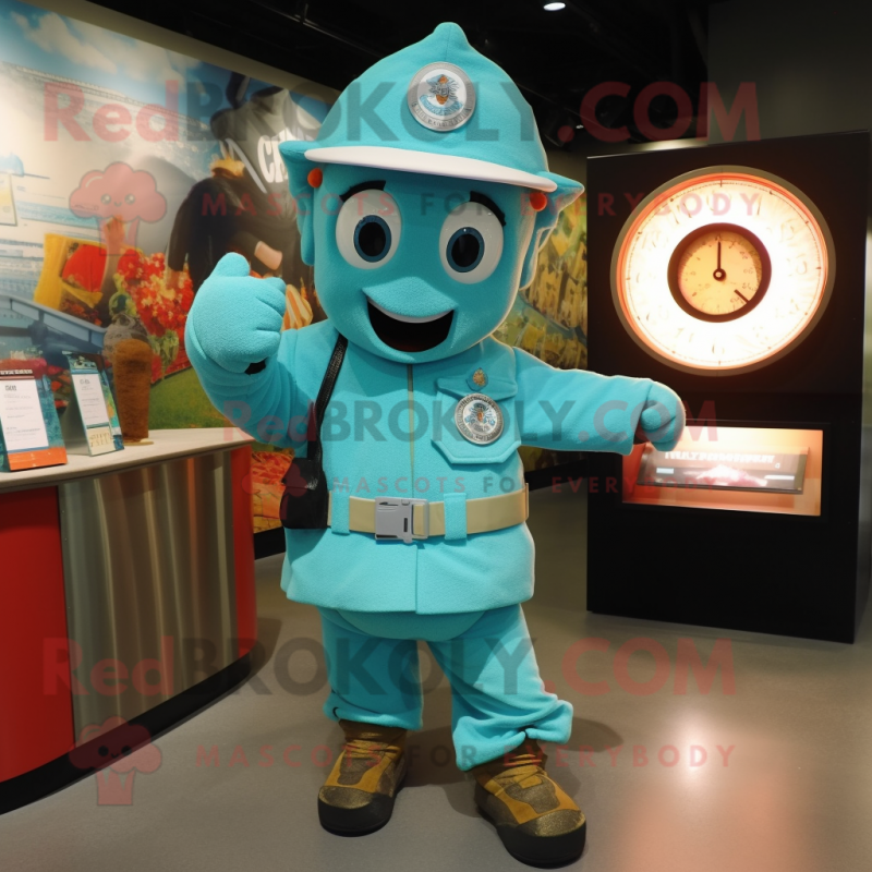 Turquoise Fire Fighter mascot costume character dressed with a Cardigan and Bracelet watches