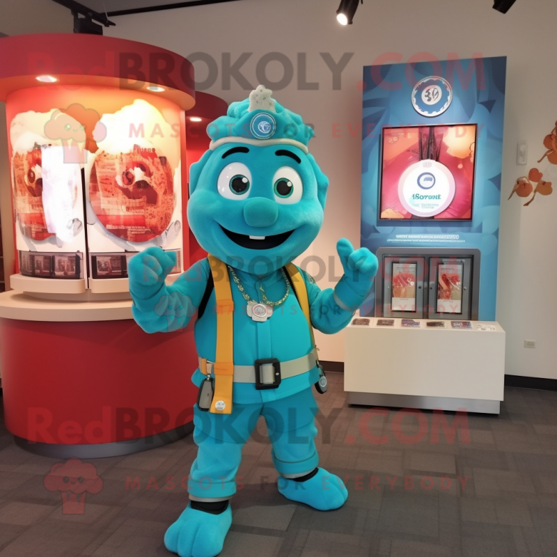 Turquoise Fire Fighter mascot costume character dressed with a Cardigan and Bracelet watches