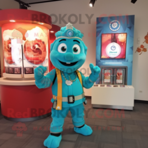 Turquoise Fire Fighter mascot costume character dressed with a Cardigan and Bracelet watches