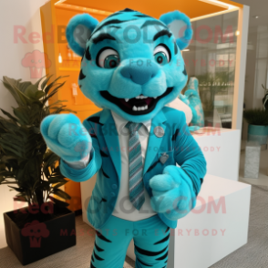 Turquoise Tiger mascot costume character dressed with a Suit and Cufflinks